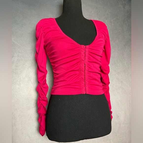 Hot pink ruched long sleeve top with corset style front size small - Picture 2 of 4